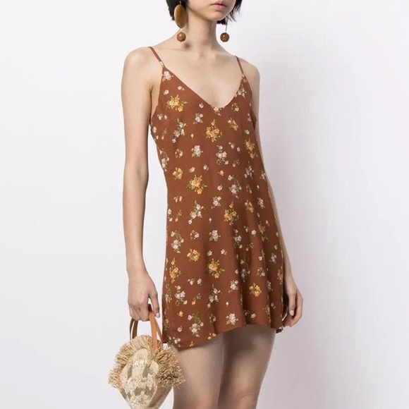 REFORMATION Ventura Floral Print Crepe Slip Mini Dress Brown - Picture 8 of 8